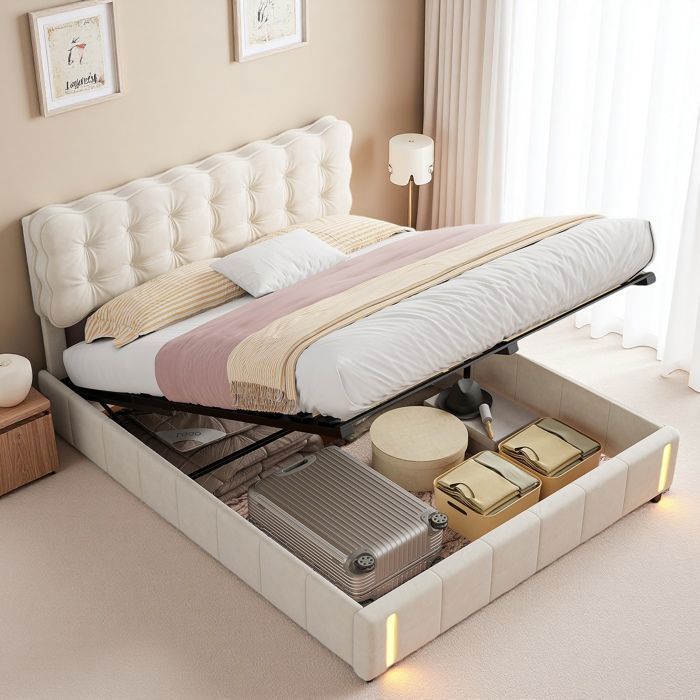 Lit 140x200 - Coffre Hydraulique - Velours Beige - Éclairage LED Éco-responsable - Mécanisme Silencieux