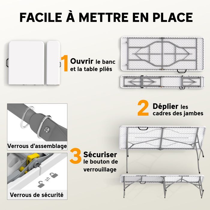 Ensemble table pliante et bancs de pique-nique 180 cm - Outsunny - poignées de transport - charge 240 Kg - blanc