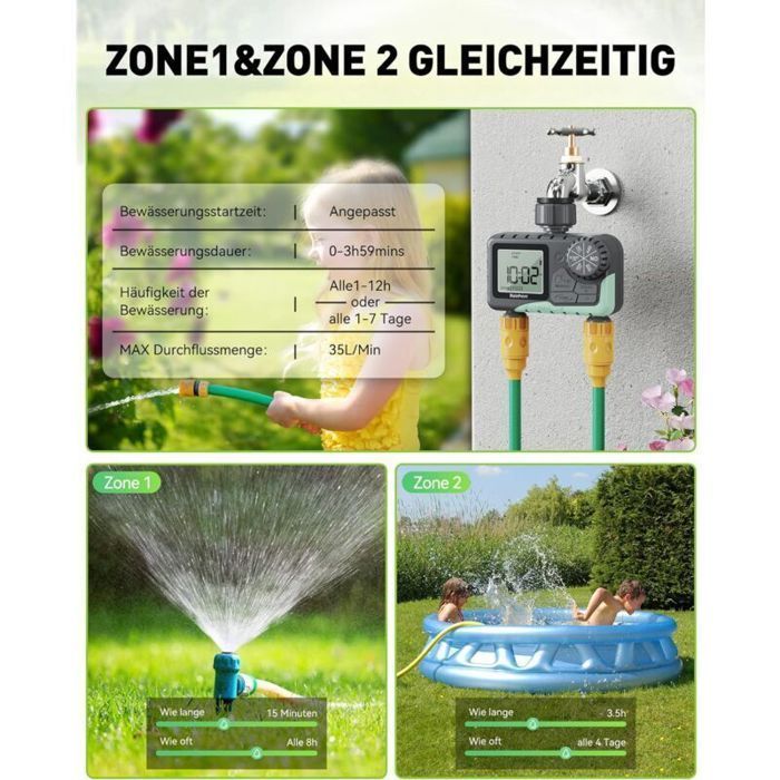Programmateur d'arrosage 2 voies - ZOR® - Affichage LCD - Fonction manuel et automatique - Temps d'arrosage flexible