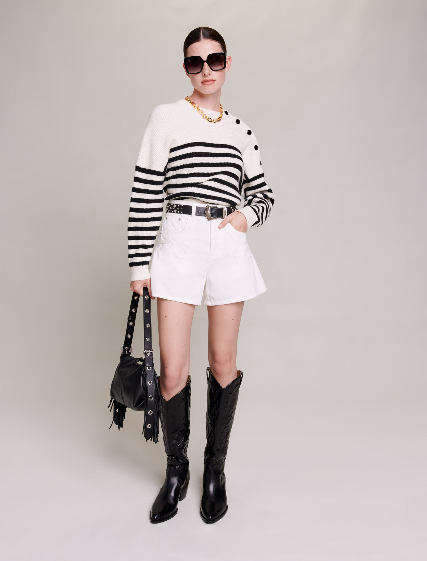 Geborduurde denim shorts - Wit