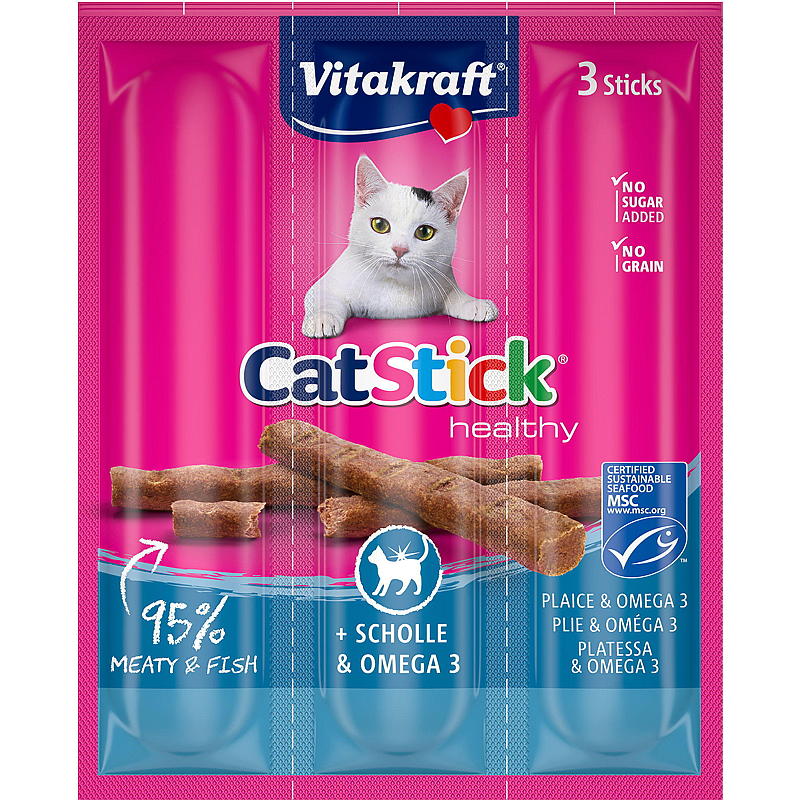 Vitakraft Stick per gatti 18 g confezione da 3 mini platessa e Omega 3