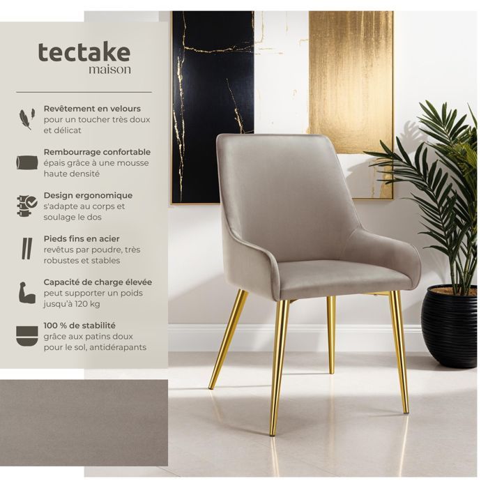 Sillas - TECTAKE - Juego de 6 sillas tapizadas AVENE de estilo escandinavo con aspecto de terciopelo, forma ergonómica y respaldo alto - Color topo