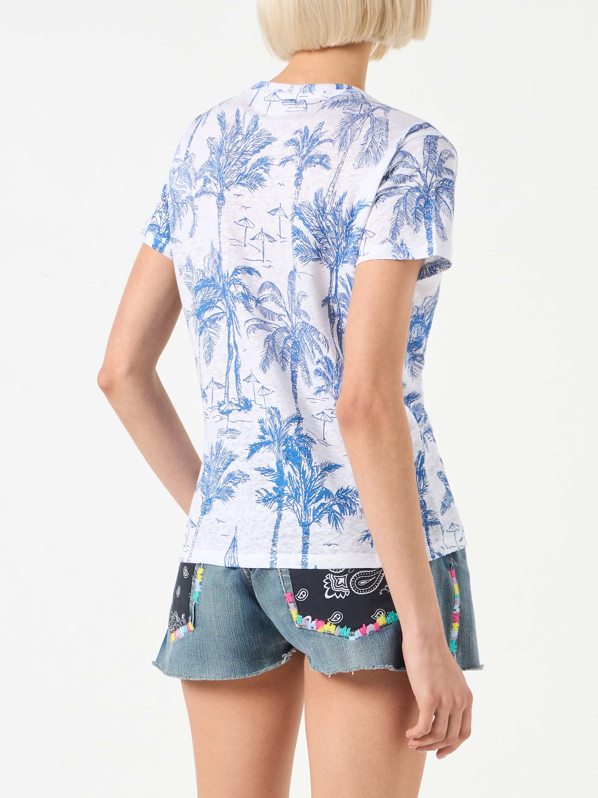 Dames linnen T-shirt met Toile de Jouy-print