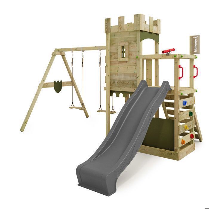 Tour de jeux bois FATMOOSE BoldBaron XXL avec double balançoire, toboggan 220 cm anthracite et mur d’escalade – 10 ans de garantie*