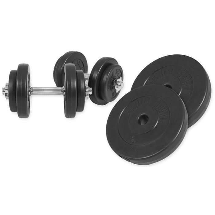 Conjunto de halteres de 35 cm com anilhas de plástico de 30 kg.