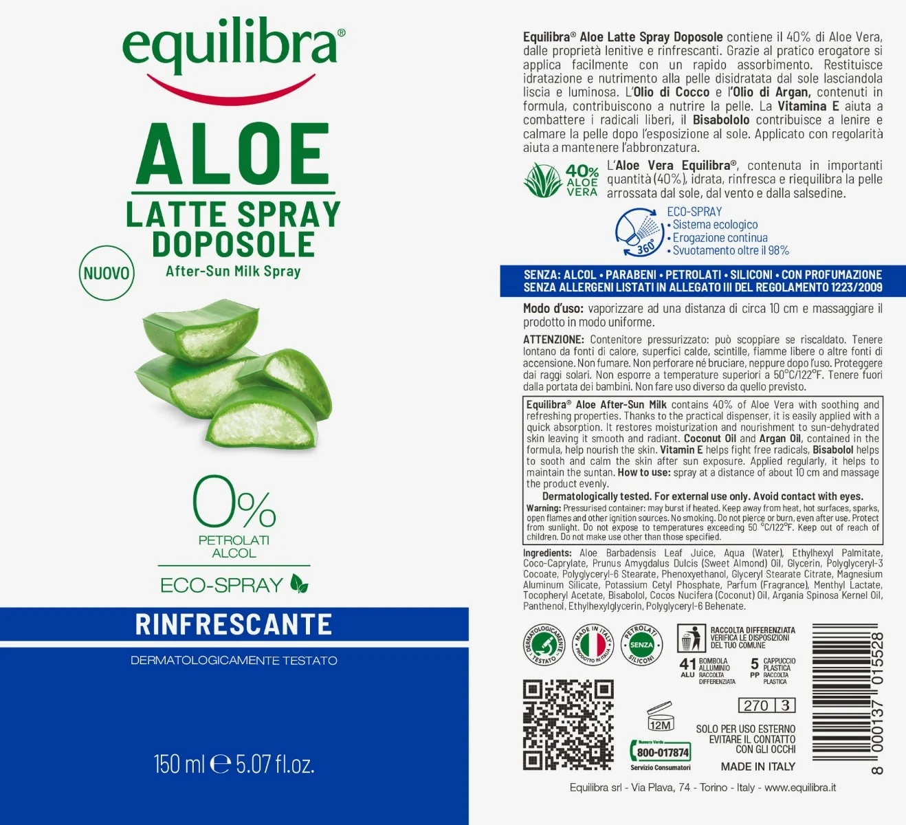 EQUILIBRA Equilibra Leite Pós-Sol em Spray com Aloe Vera 150 ml Efeito refrescante