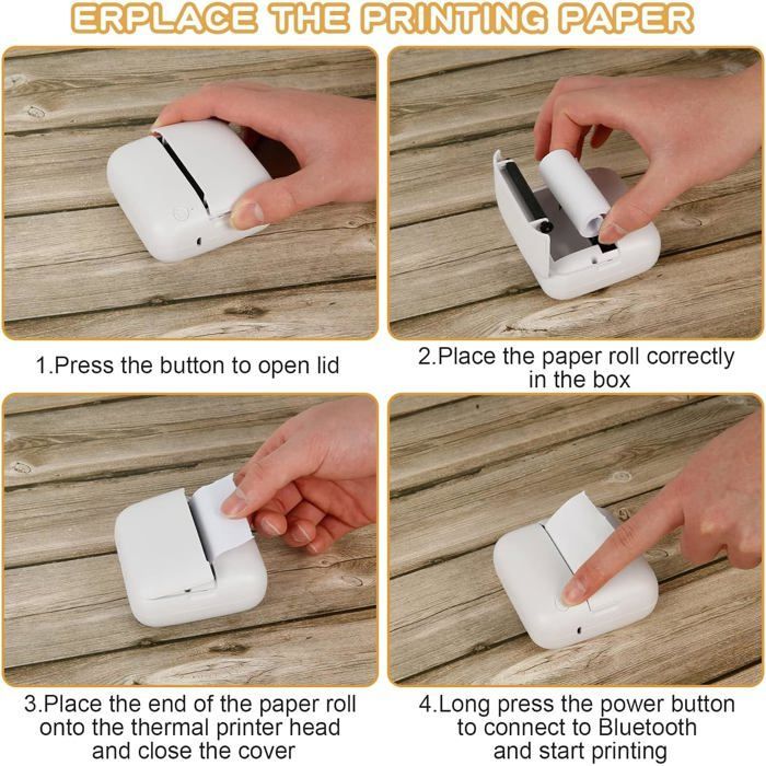 Mini-Fotodrucker, tragbar, Bluetooth-fähig, sofort einsatzbereiter Thermodrucker (mit 10 Rollen Fotopapier)