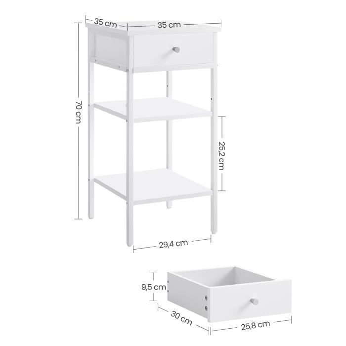 Mesa de cabeceira - VASAGLE - Branca - 1 gaveta - 2 prateleiras - Estilo moderno