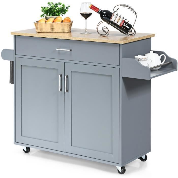 COSTWAY Desserte de Cuisine, Bîlot de Cuisine à Roulettes avec Grand Placard, Tiroir, Porte-Epices et Porte-Serviettes Gris