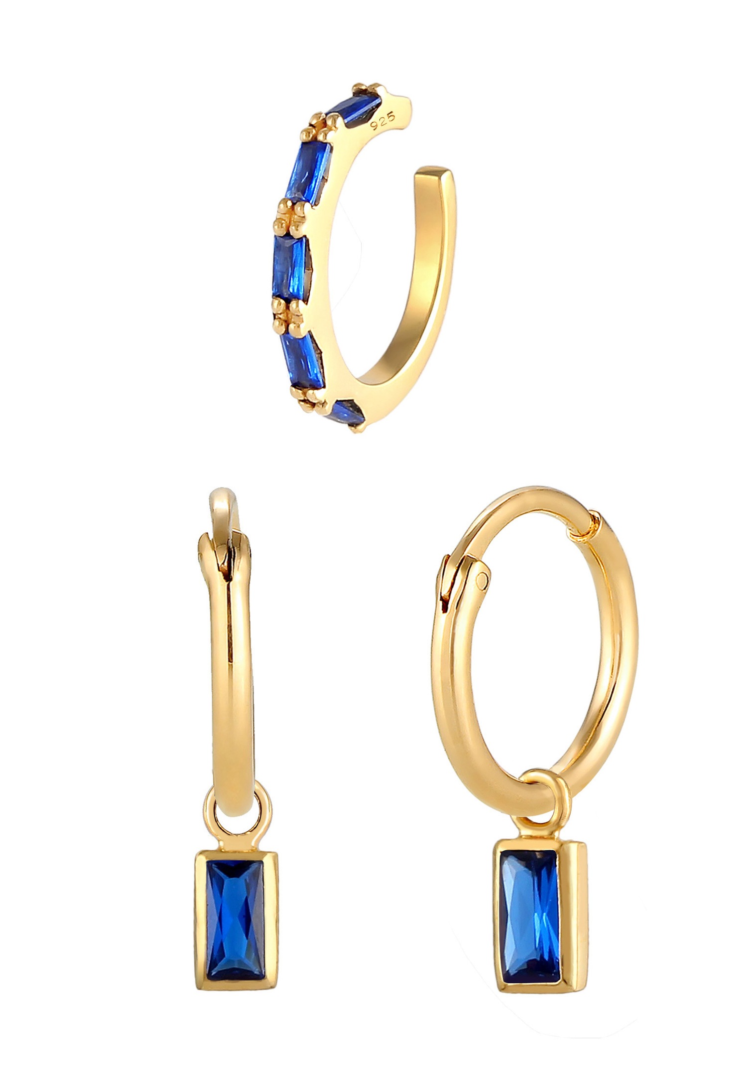 Elli PREMIUM Boucle d'oreilles pour dames modernes et élégantes avec saphirs en 925/1000 argent massif et plaqué or