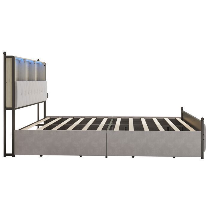 Cama de 180x200 cm con cajones, cama doble con almacenamiento, 4 cajones, iluminación LED, carga USB, estructura de cama con somier de láminas, terciopelo, beige.