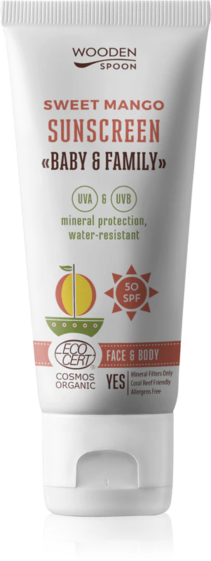 Protetor solar WoodenSpoon Baby & Family Sweet Mango para toda a família, FPS 50