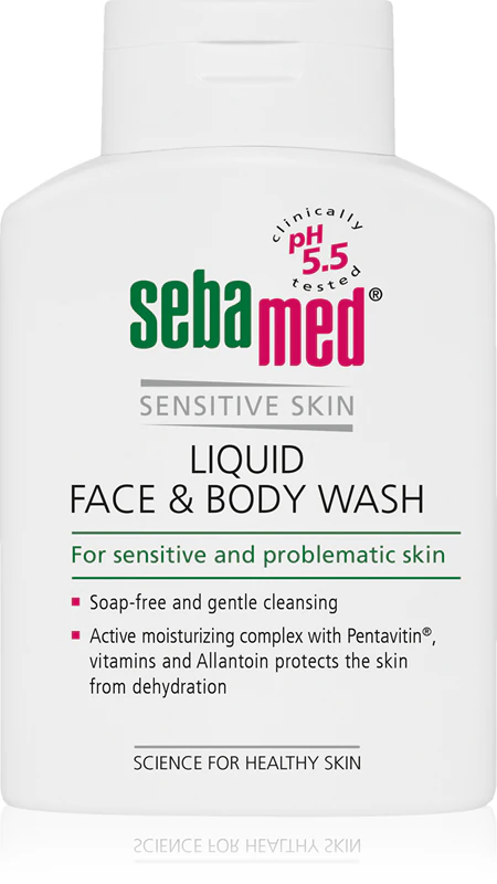 Sebamed Face & Body Wash Sensitive Skin: milde reinigingsemulsie voor gezicht en lichaam, speciaal ontwikkeld voor de gevoelige huid.