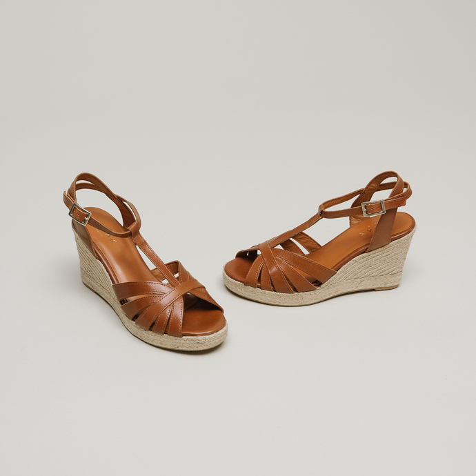 Espadrilles compensées  en cuir cognac