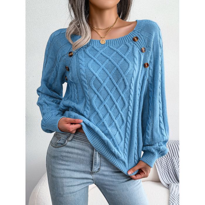 Maglione da donna a maniche lunghe in maglia, scollo quadrato, modello ampio a trecce con bottoni, tinta unita, autunno/inverno - taglia europea - blu