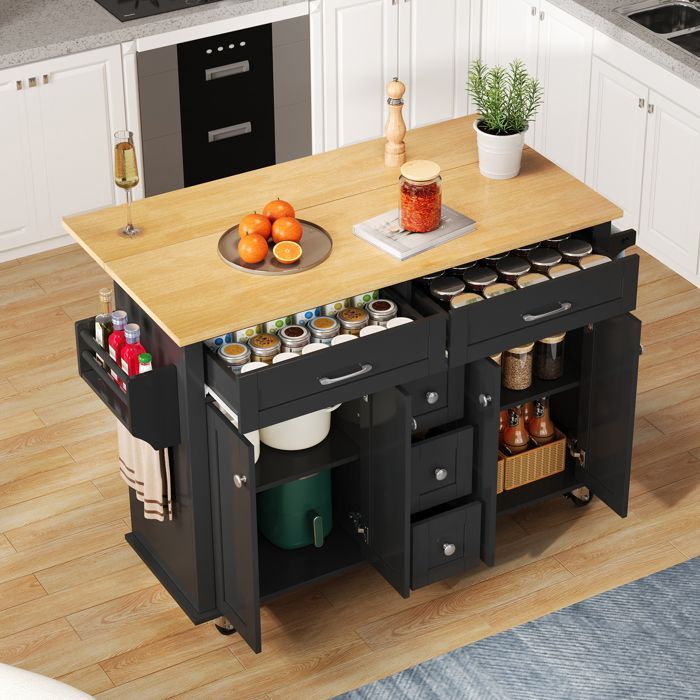 Encimera de isla de cocina - EXHIBICIÓN - NEGRO - Carro de cocina con ruedas