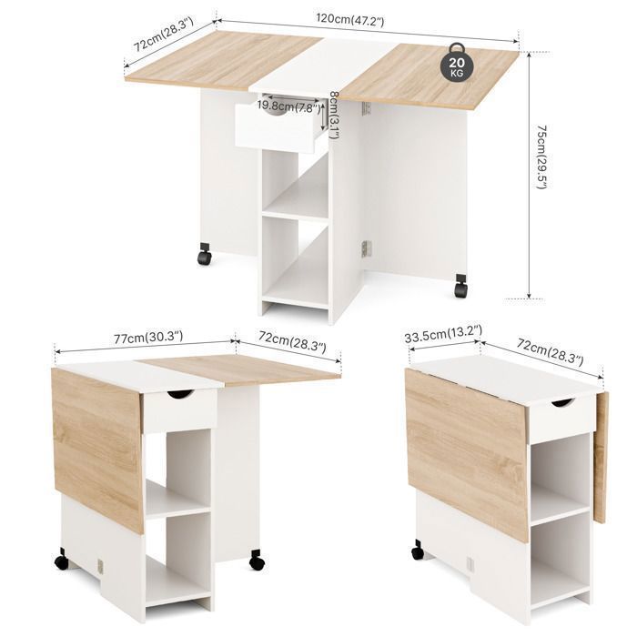 Tavolo da pranzo pieghevole Mondeer, tavolo pieghevole con 1 cassetto e 2 ripiani, tavolo da cucina per piccoli spazi, rovere tagliato e bianco
