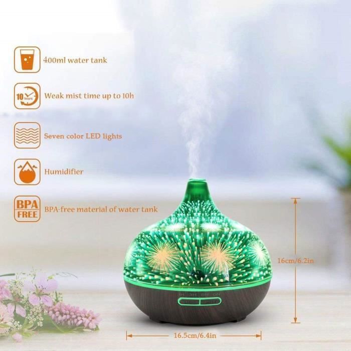 Difusor de aceites esenciales de 400 ml, humidificador de aire de vidrio 3D, difusor de aroma ultrasónico con 7 colores LED para el hogar.