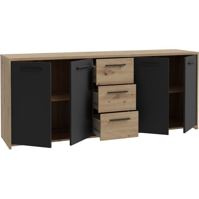 PILVI Dressoir - Moderne stijl - Melamine spaanplaat - Ambachtelijk eiken en zwarte afwerking - 4 deuren + 3 lades - B179,2 x D42 x H74,5