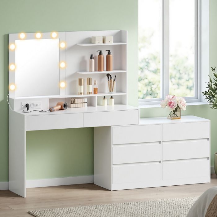Tavolo da trucco lineare o a L, specchio a LED con 9 lampadine, con multipresa, 8 cassetti, bianco