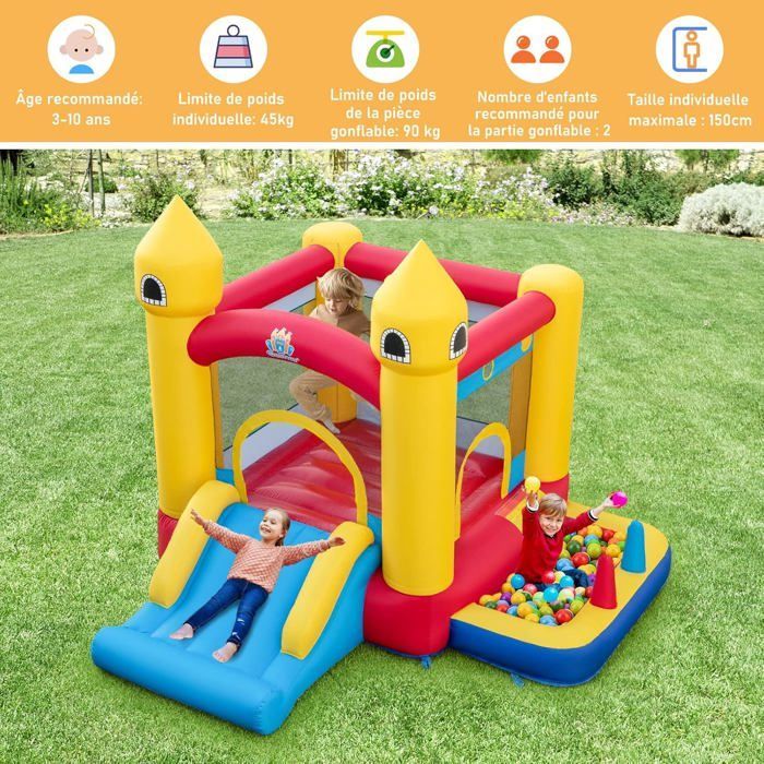 Castillo hinchable COSTWAY 6 en 1 para niños con soplador de 480 W, piscina de bolas, canasta de baloncesto, tobogán y 50 bolas para fiestas, a partir de 3 años.