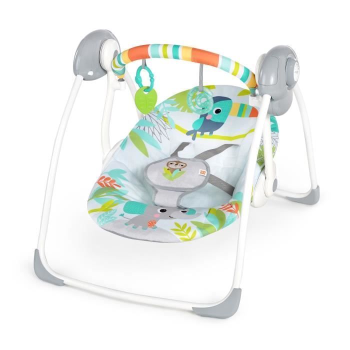 BRIGHT STARS Foldable Electric Baby Swing with Toucan Design, Removable Toy Arch, Swing Settings, and Timer