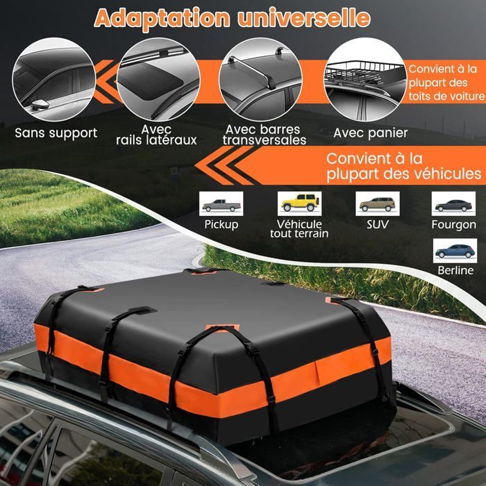 Cofre/bolsa de techo impermeable para coche COSTWAY de 424 litros con 10 correas reforzadas, 6 ganchos para puerta y alfombrilla antideslizante.