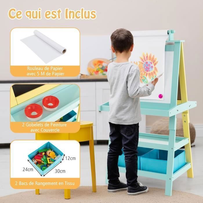 COSTWAY Children's Easel - Magnetic White and Black, Paper Roll (Paper Included), 3 Shelves and 2 Storage Bins Light Blue
