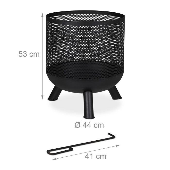 Relaxdays Fire Pit, Mesh Design, Fire Grate, Poker, Garden Fire Pit, Barbecue, Steel, H x D: 53 x 44 cm, Black