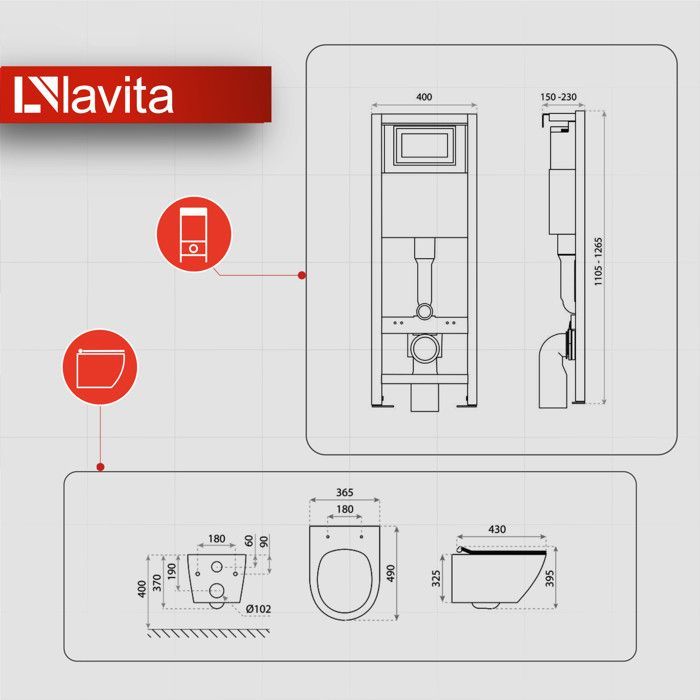 Lavita LAV101 WC frame element 40cm + SOGO SLIM wall-hung toilet, white, rimless + LAV3.1 white flush plate | Complete set |