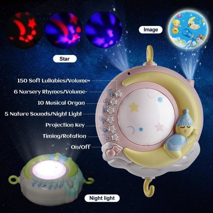 Giostrina musicale telecomandata per culla con proiezione di luci, musica e giocattoli rotanti - Rosa