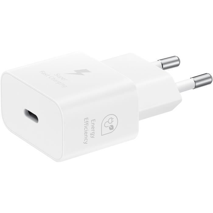 Cargador para teléfono móvil Samsung, cargador de pared rápido de 25 W, puerto USB tipo C, blanco.