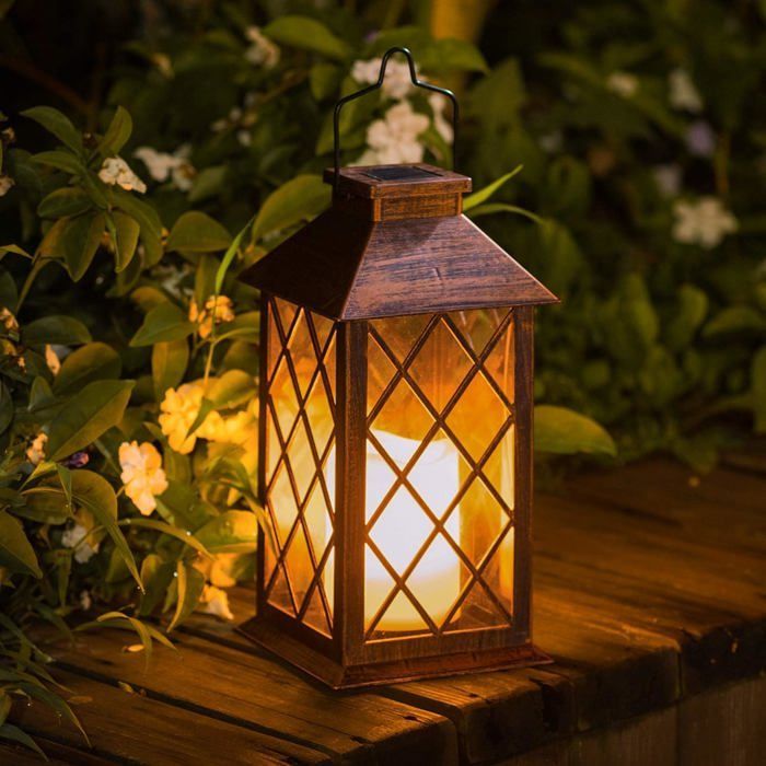 Hängende Solar-Gartenlaterne - Flammenloses, flackerndes LED-Licht - Mission-Laterne für Tisch, Außenbereich, Partys usw.