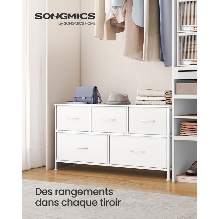 Commode 5 Tiroirs - SONGMICS - Blanc Nuage et Blanc Neige - Polyvalente - Robuste - Montage Facile