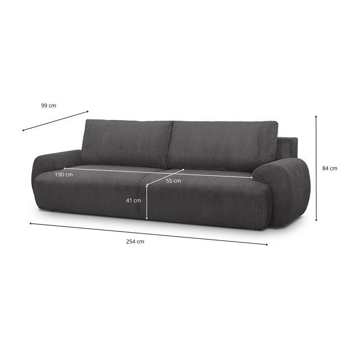 Sofá conversível de 3 lugares - MILO - Tecido de veludo cotelê cinza antracite - Compartimento de armazenamento - 254 x 99 x 84 cm