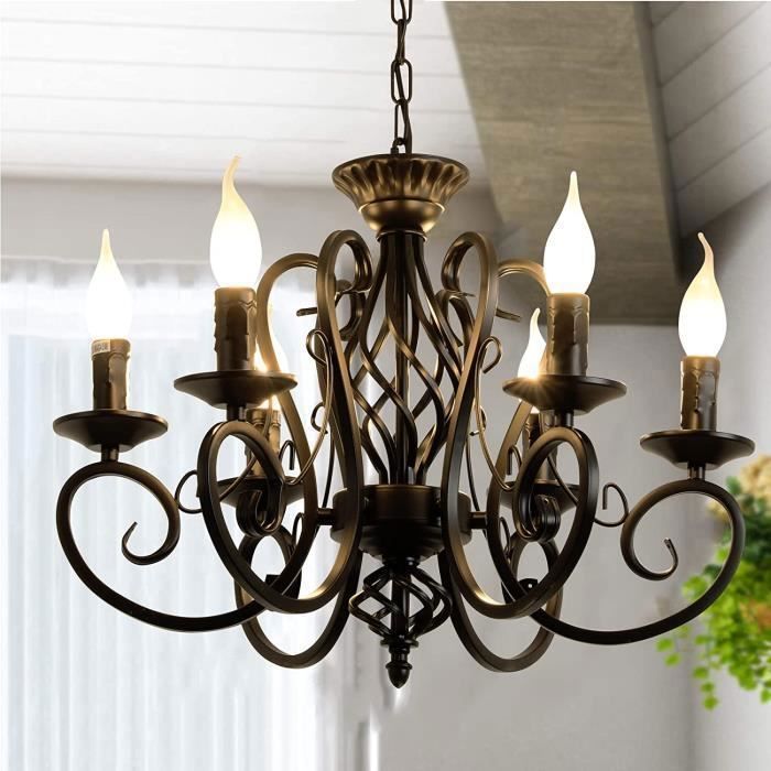 Lampadario Ganeed nero in stile francese, lampadario vintage in metallo a 6 luci per isola cucina, attacco E14