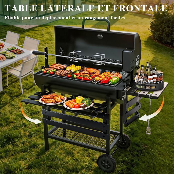 Barbecue Charbon de Bois - Grand Barbecue avec Broche électrique et 2 Tablettes Pliable - Thermomètre, Tiroir à Cendres et 2 Roues