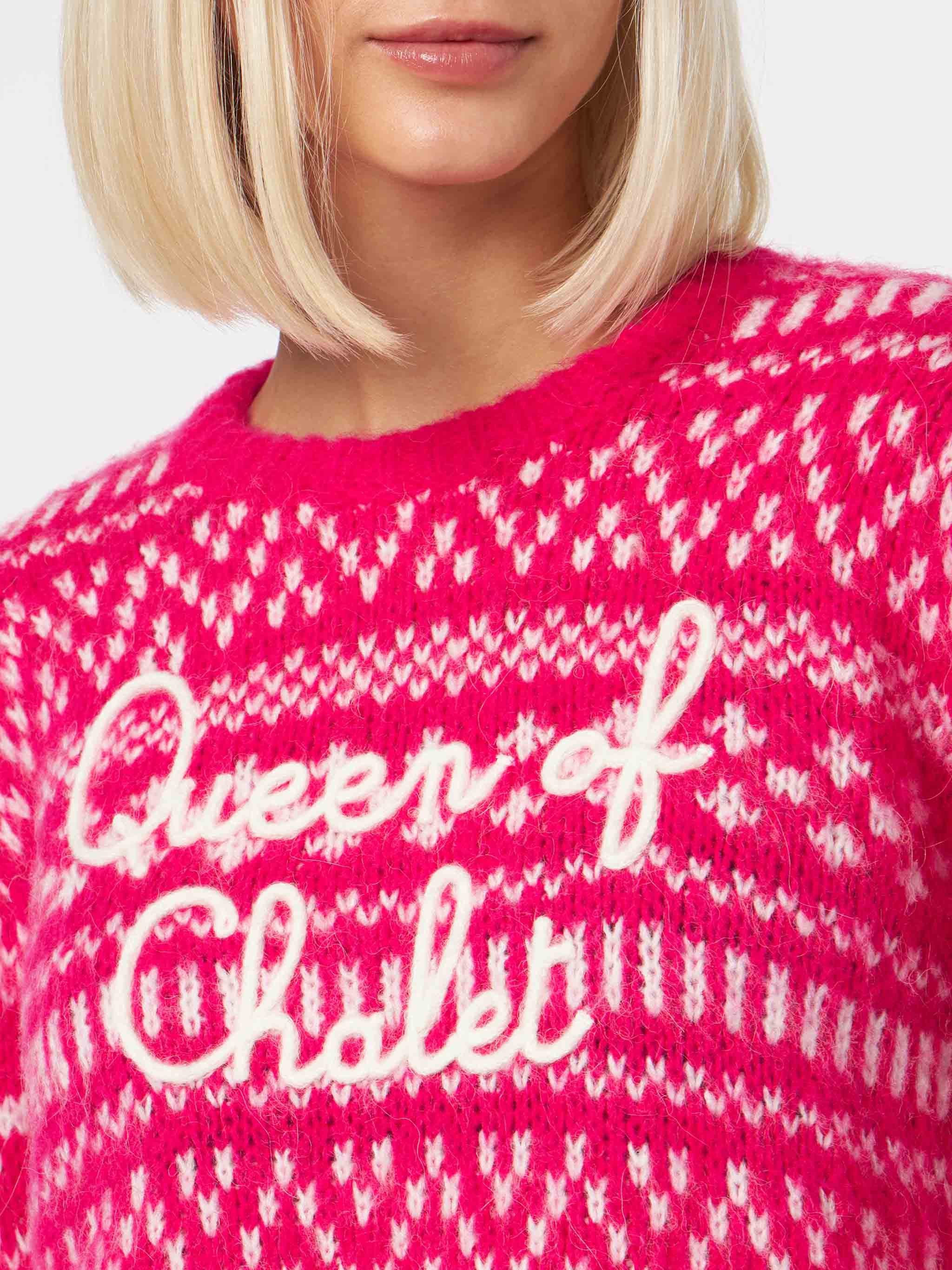 Maglione da donna girocollo con stampa fair isle e ricamo Queen of Cha