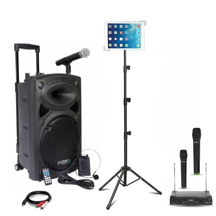 Ibiza PORT15VHF-BT 800W Portable Bluetooth USB Karaoke Speaker Pack with 4 Wireless Microphones - SMM20 Tablet Holder - Party Sound System