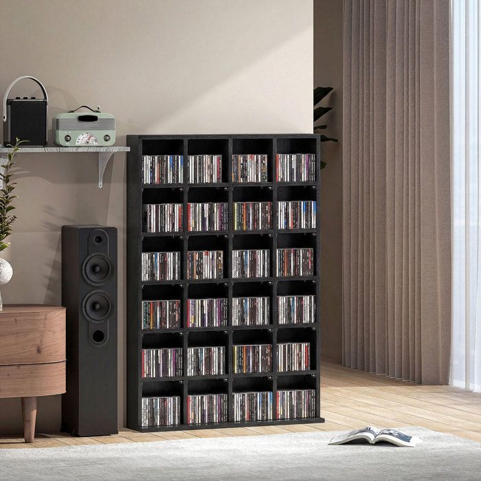 Mueble multimedia para 456 CD/336 DVD - HOMCOM - estantería de madera con baldas ajustables - 89 x 130,5 cm - negro