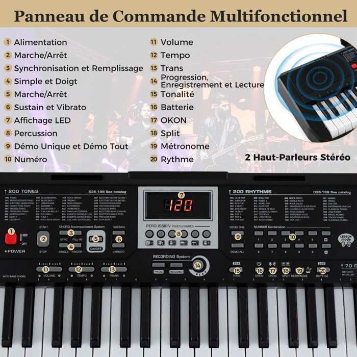 Teclado electrónico portátil COSTWAY de 61 teclas con iluminación - Función SPLIT - Pegatinas - 2 modos de alimentación - Micrófono y auriculares
