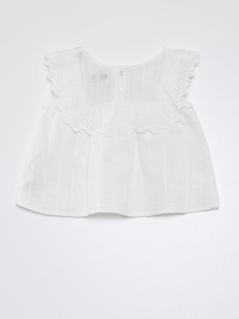 Mouwloze blouse met Engelse borduursteken - WIT