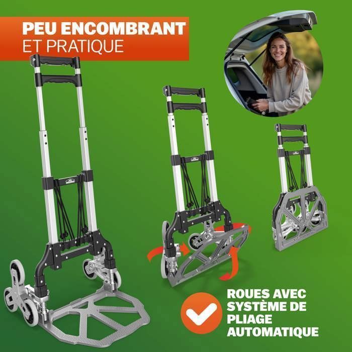 GARDEBRUK® Diable aluminium pliable escalier 80kg 6 roues pleines increvables gants 2 tendeurs chariot de transport déménagement