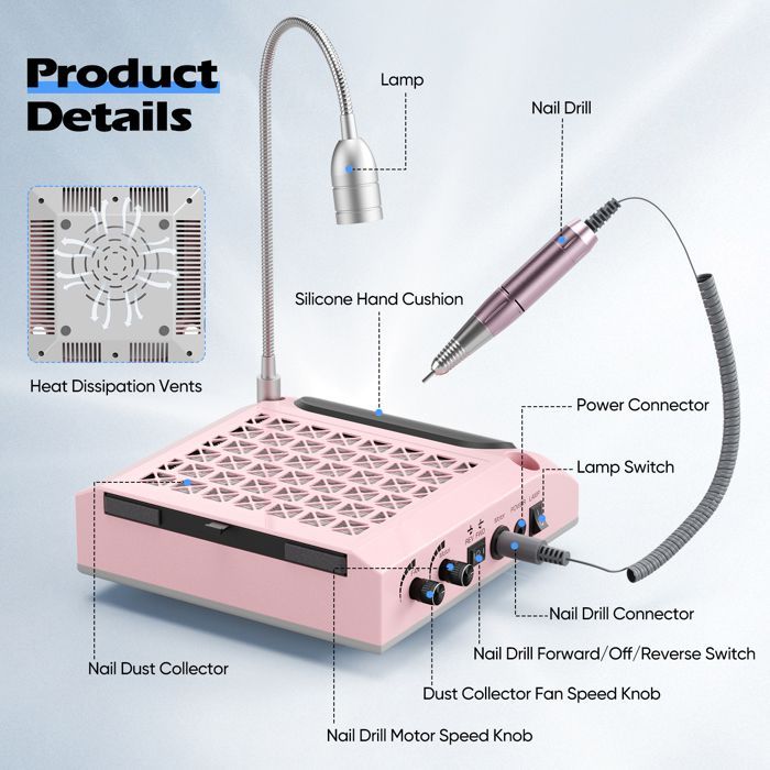 4 en 1 Ponceuse à ongles électrique, 30000 tr/min aspirateur puissant 80 W, lumière LED rotative 6 W, silencieuse, avec 3 limes
