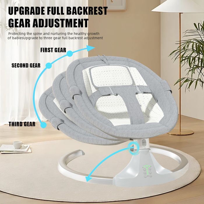 Elektrische Babyschaukel, 3 Geschwindigkeitsstufen, Fernbedienung, Bluetooth, Smart-Timer, Schaukelstuhl, grau