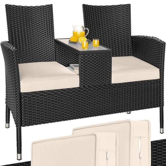 Banc de jardin CASARIA® en polyrotin 2 places avec coussins table intégrée 145 x 58 x 87 cm Salon de jardin extérieur noir