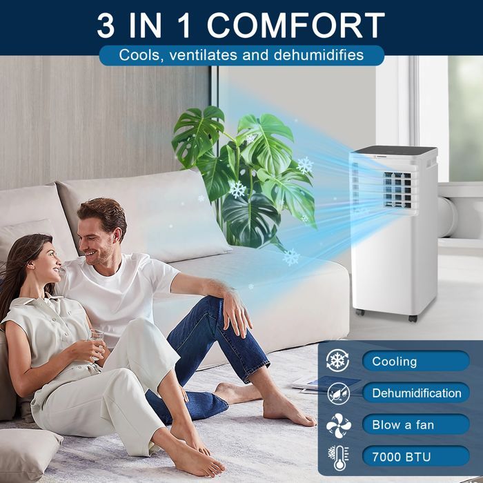 Aire acondicionado portátil silencioso 3 en 1, deshumidificador, 7000 BTU, ventilador y aire acondicionado con control remoto.