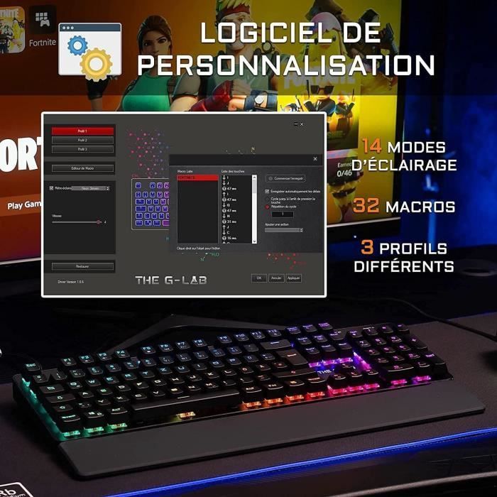 Tastiera da gioco - The G-Lab - KEYZ RUBIDIUM - Meccanica (Switch rossi) - Poggiapolsi - RGB - Cablata - AZERTY - Nera