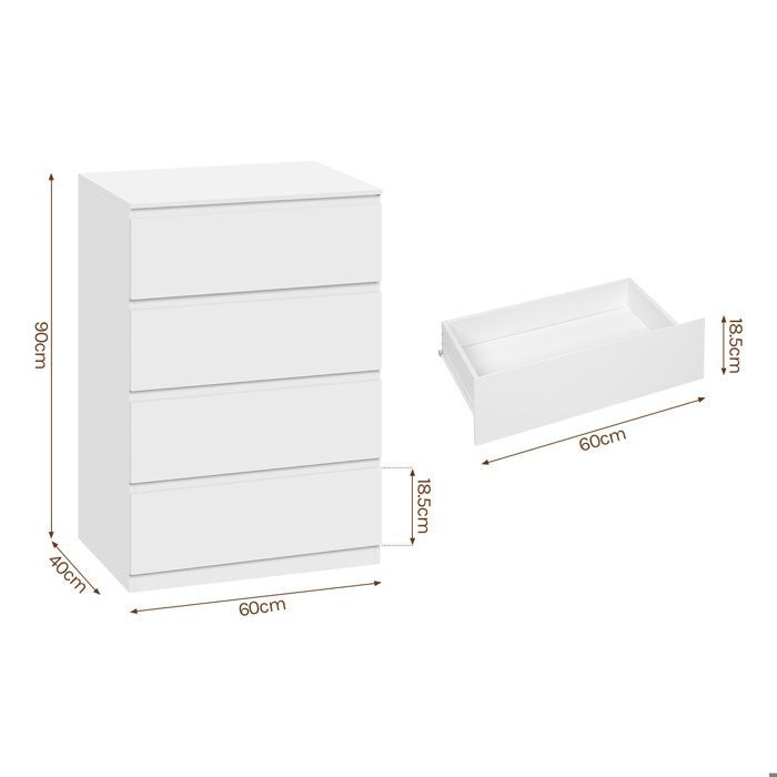 Commode 4 Tiroirs - WOLTU Meuble de Rangement - 60x40x90cm - pour Chambre, Salon et Entrée - Blanc