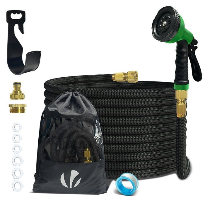 Manguera de jardín extensible reforzada VOUNOT® de 15 m, color negro - 10 modos - Conector y bolsa de almacenamiento incluidos - Flexible y a prueba de fugas
